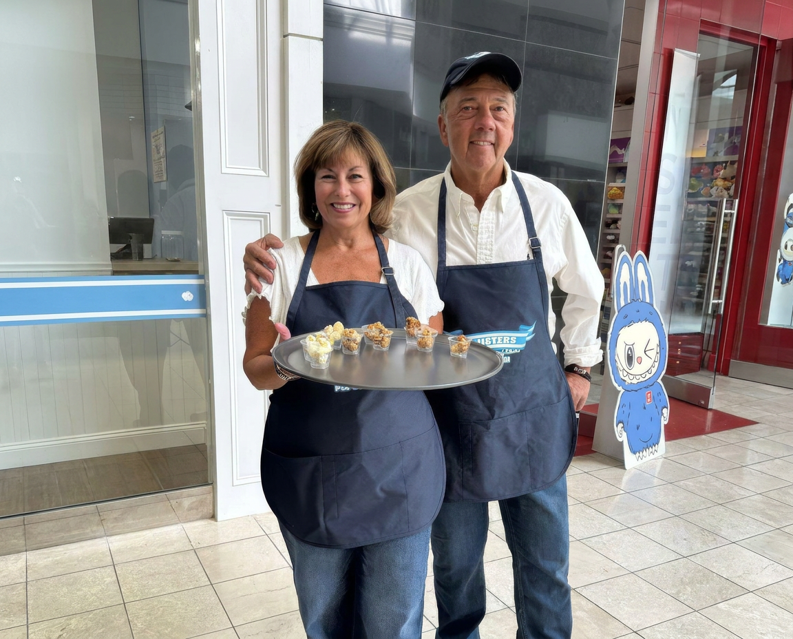 The Clusters owners with a tray of fresh popcorn samples