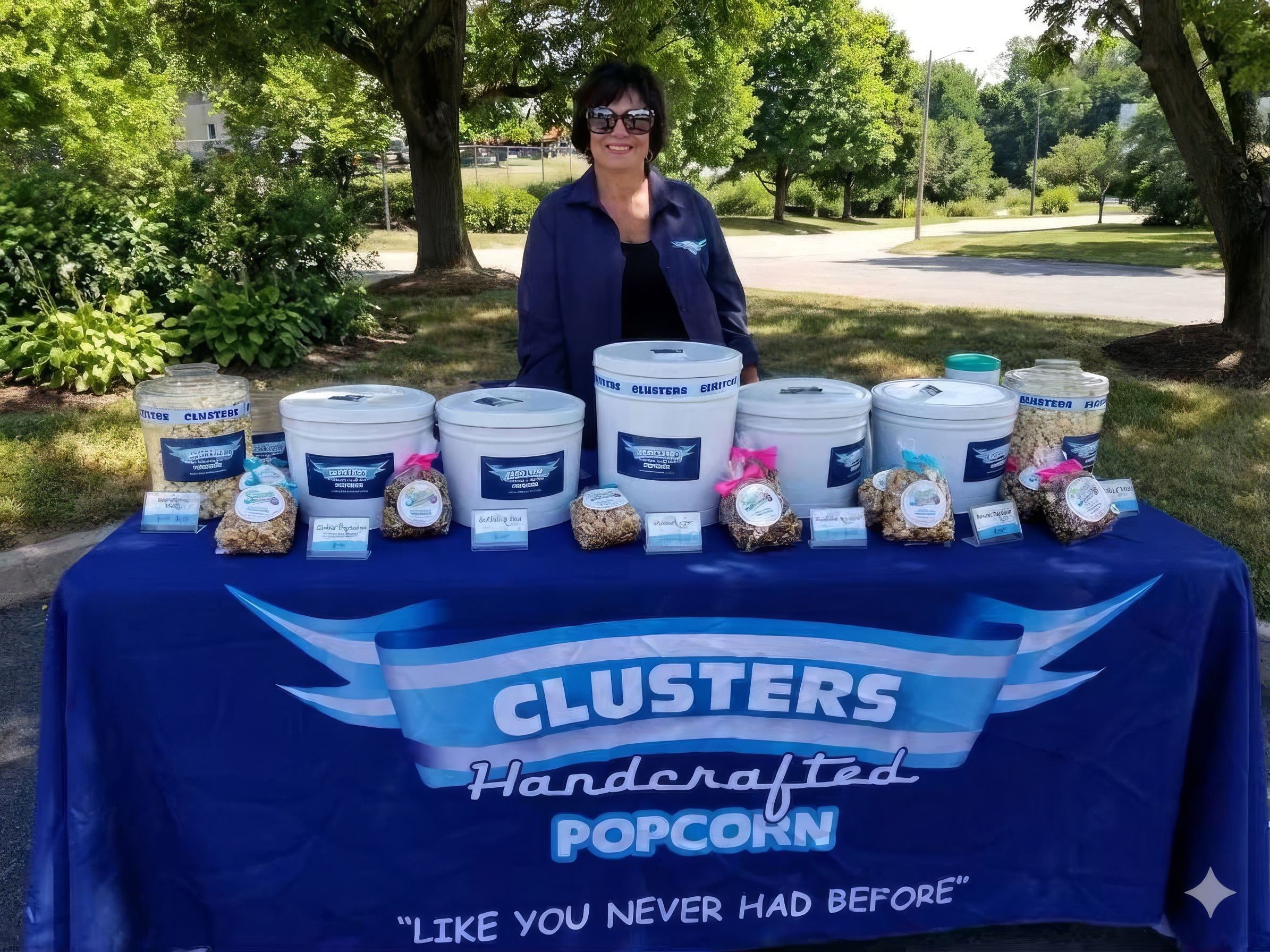 A happy customer with a bag of CLUSTERS popcorn
